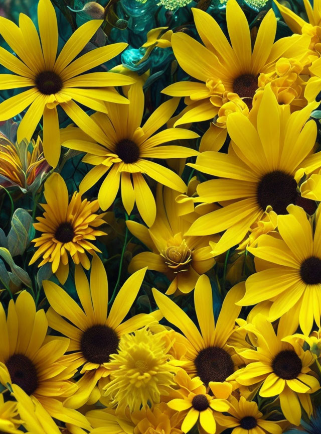 Yellow Flowers with Dark Centers and Green Foliage in Blue Glass