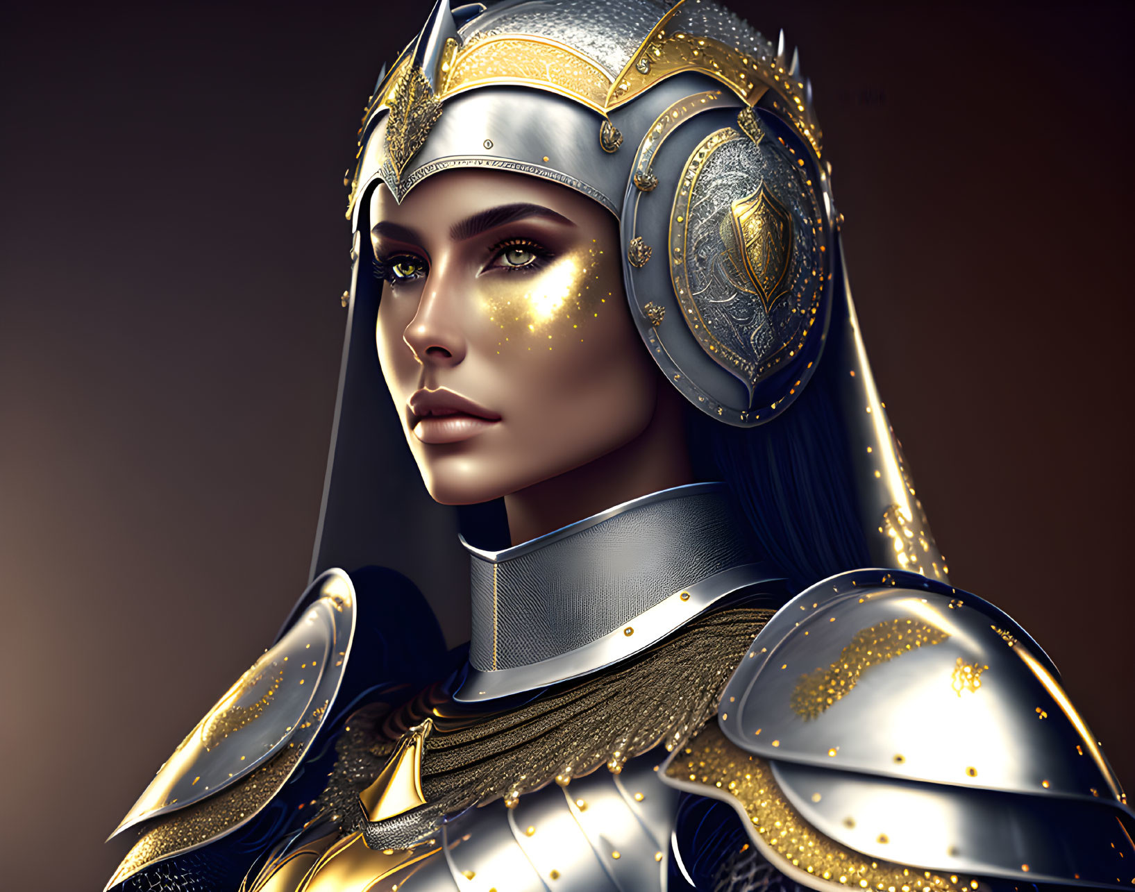 Digital artwork of woman warrior in ornate golden armor with glowing accents