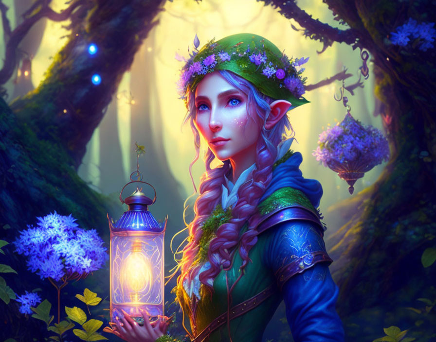 Enchanted forest scene: elf with blue lantern, floral crown, purple flowers