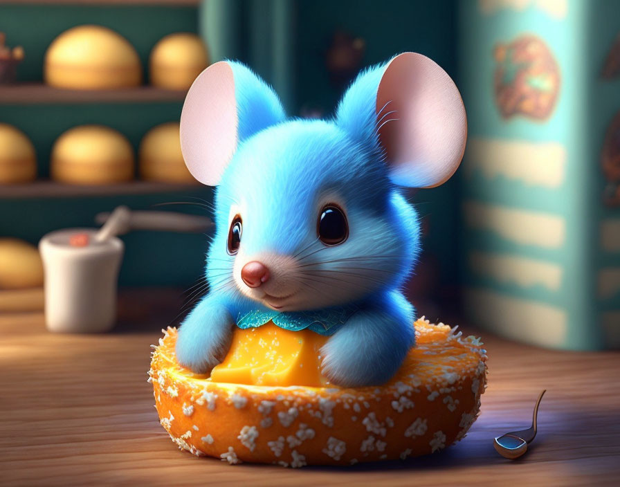 Blue animated mouse on yellow cheese slice in cheese-filled room