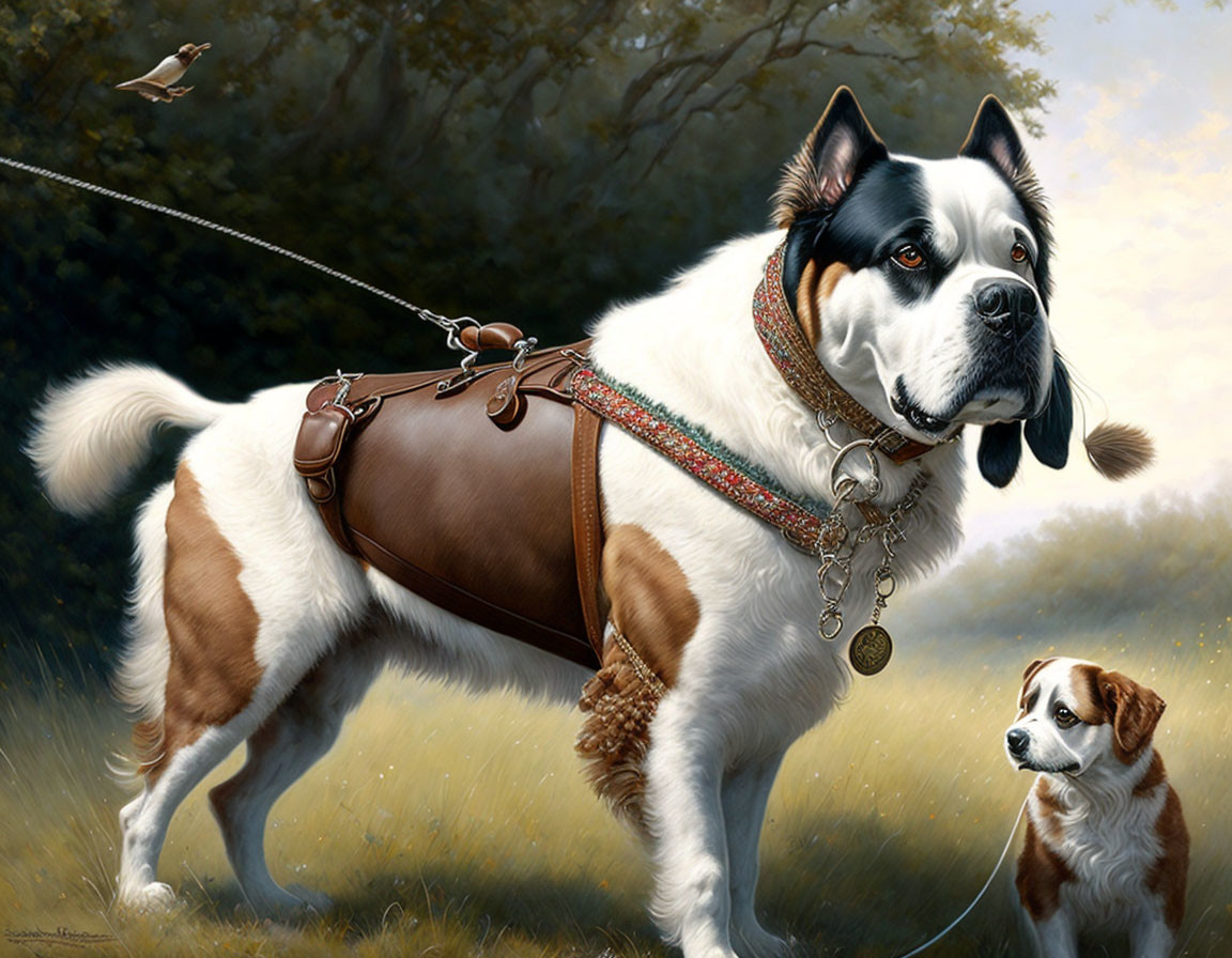 Large Saint Bernard Dog with Smaller Dog and Hawk in Pastoral Scene