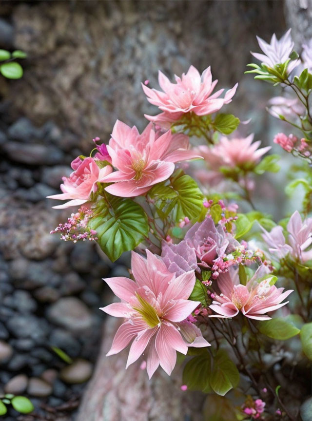 Delicate pink flowers against textured tree trunk and greenery