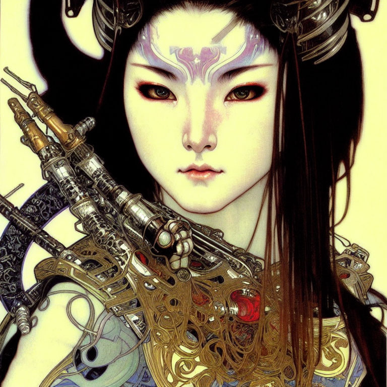 Detailed Illustration of Woman with Pale Skin, Intricate Facial Markings, Red Eyes, and Fut