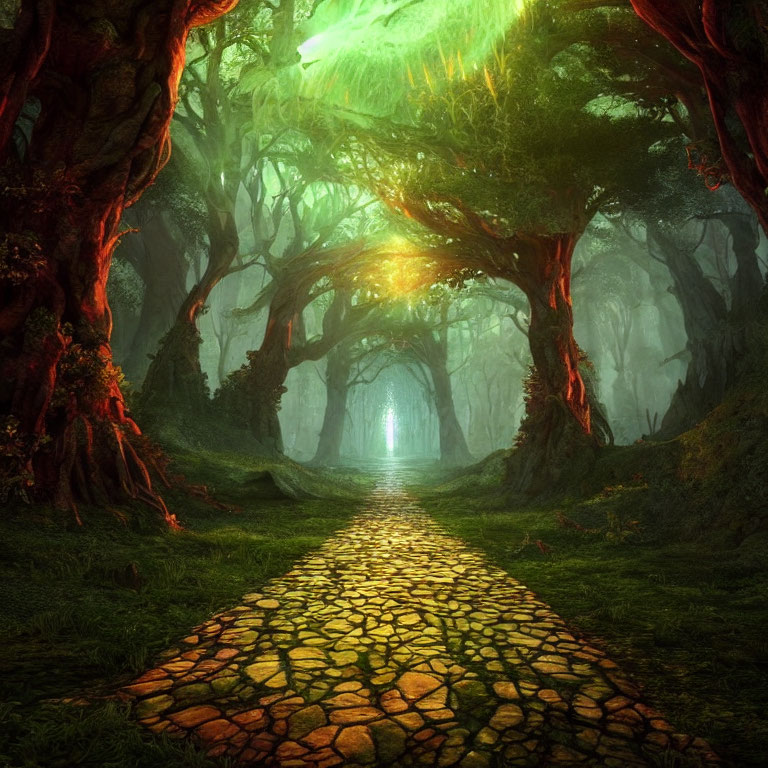 Enchanting forest pathway with glowing trees and mystical portal