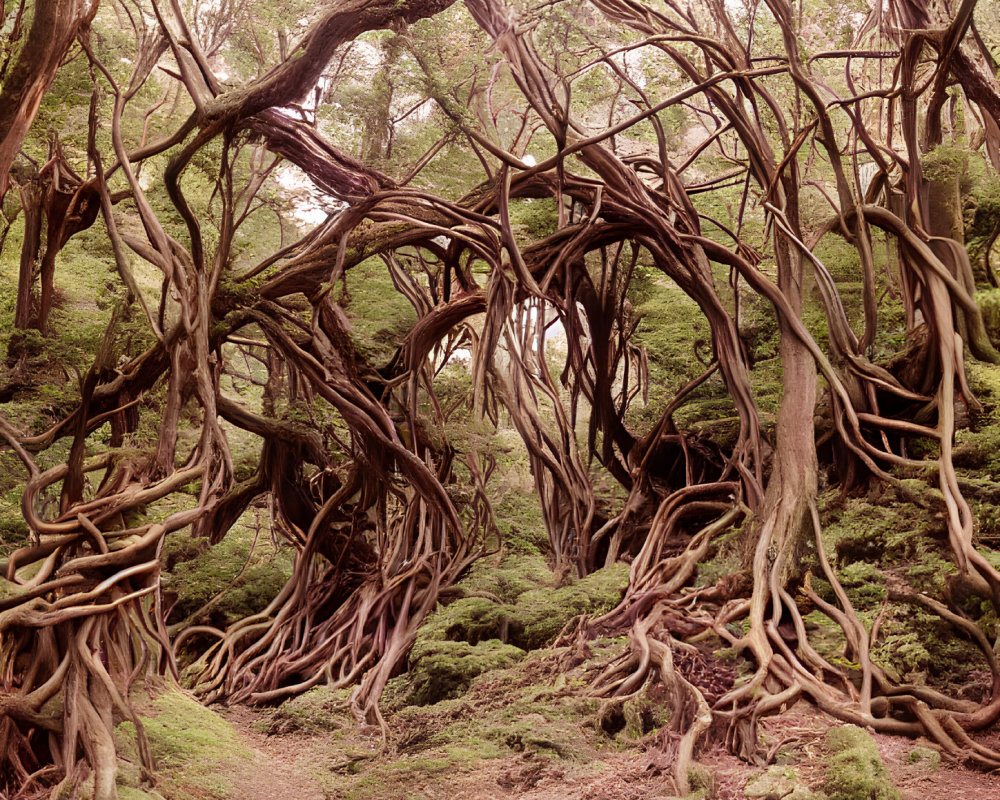 Twisted ancient trees in dense, mossy forest