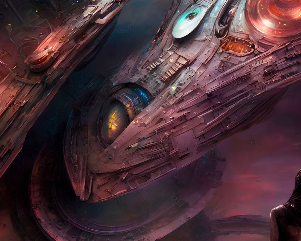 Intricate Spaceships Hover in Colorful Cosmic Scene