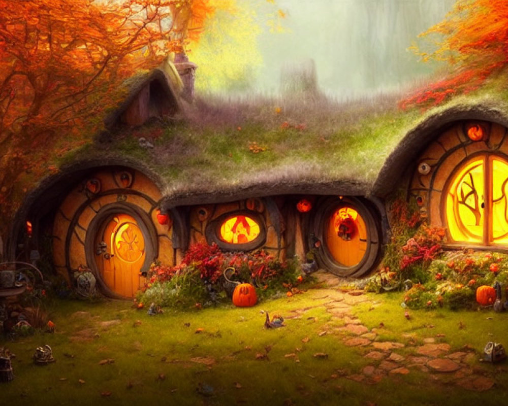 Cozy autumn hobbit house with round doors and fall foliage