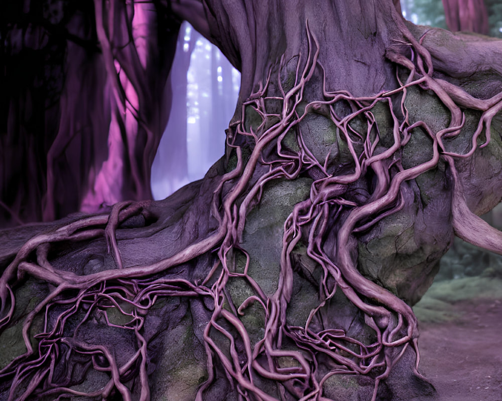 Detailed close-up of gnarly tree trunk and twisted roots in mystical forest with purple haze and eth