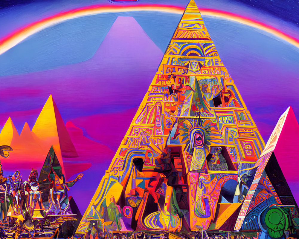 Colorful Psychedelic Artwork: Large Pyramid with Cosmic Background