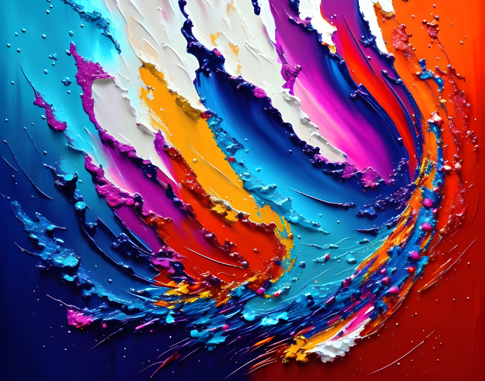 Colorful Swirl of Blue, Orange, Red, and White Paint on Canvas