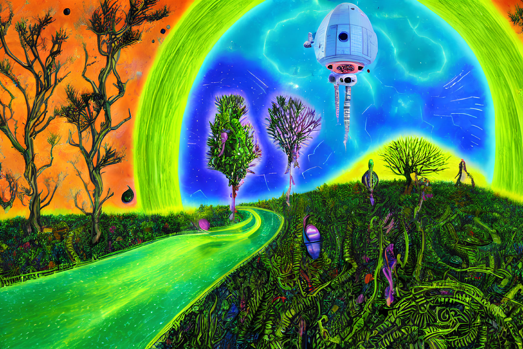 Colorful Psychedelic Landscape with Green Aurora Sky and Surreal Elements