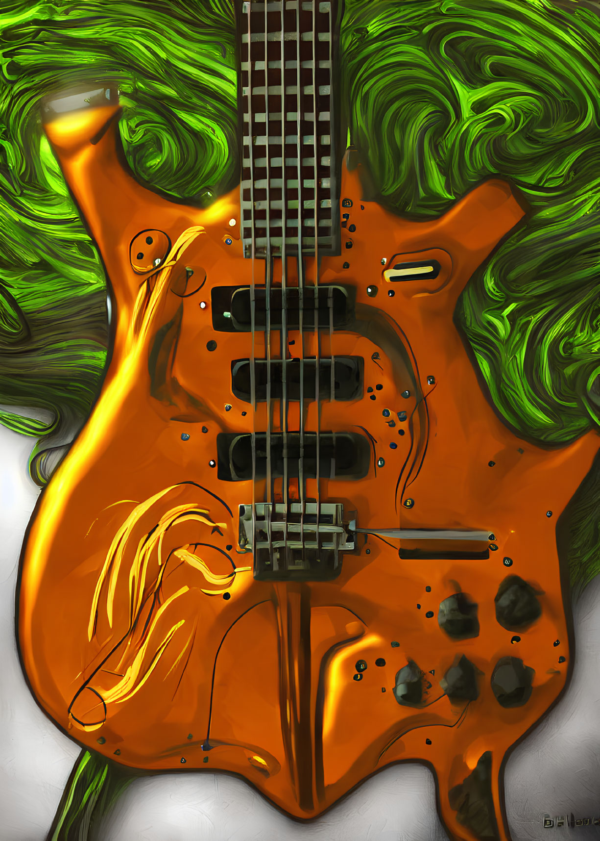 Vibrant orange electric guitar on green abstract backdrop