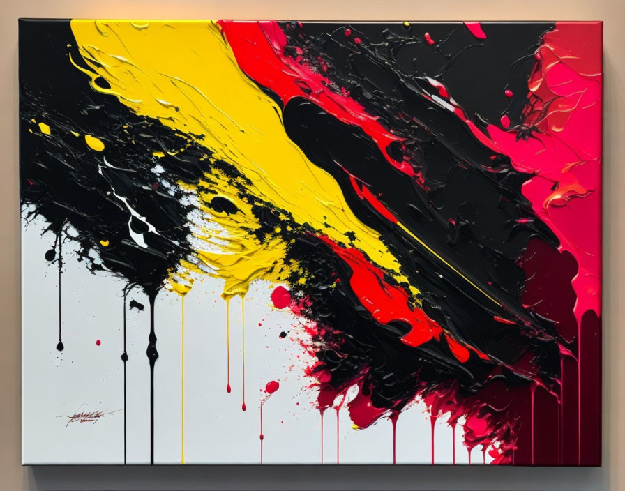 Abstract Painting with Black, Red, & Yellow Splashes on White Background