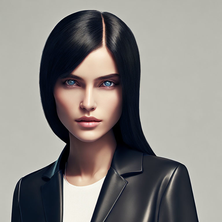 Sleek black hair woman in black leather jacket with blue eyes