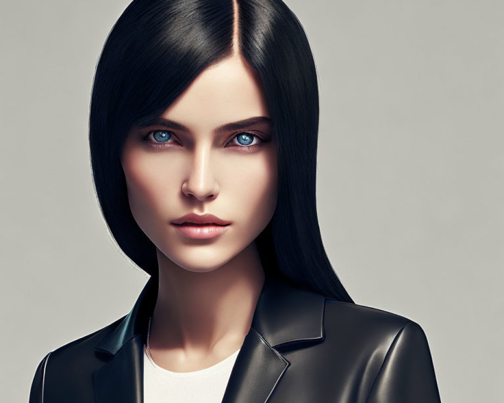 Sleek black hair woman in black leather jacket with blue eyes