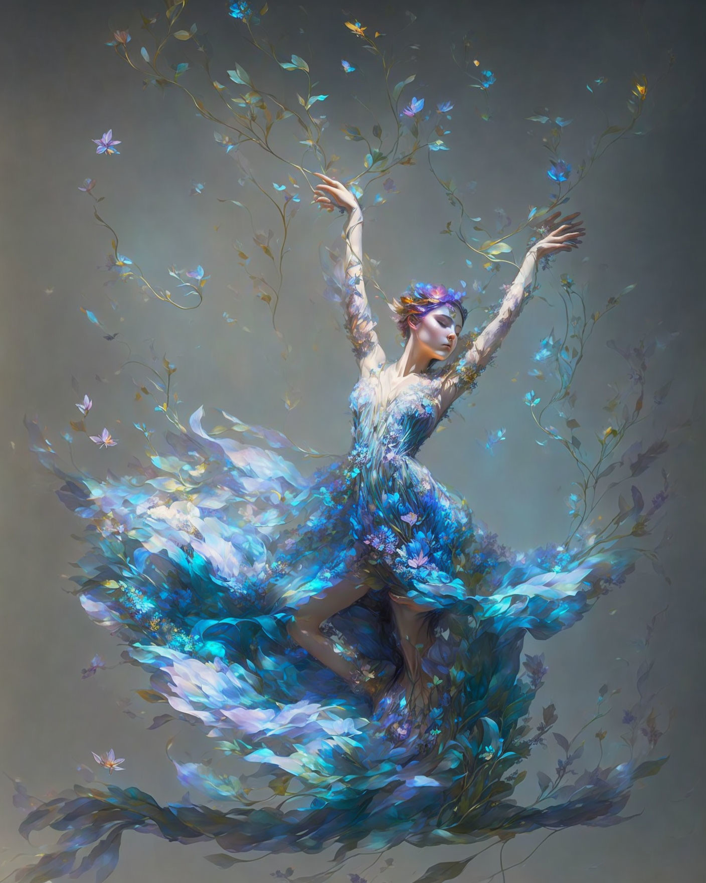 Dancer in Blue Dress Surrounded by Petals and Leaves