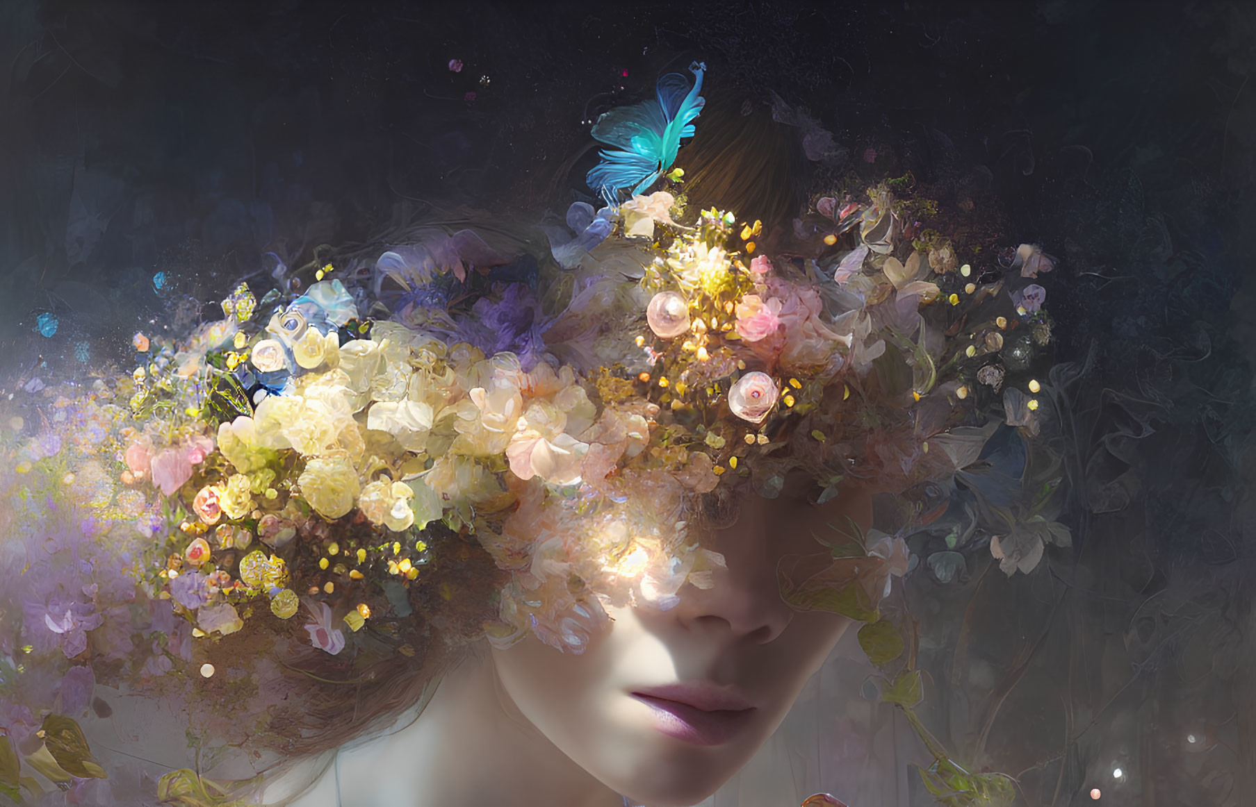 Surreal portrait of person with floral crown and blue butterfly in misty background