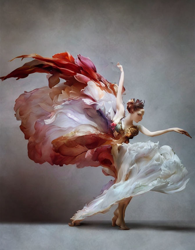 Graceful dancer in vibrant floral dress mid-twirl