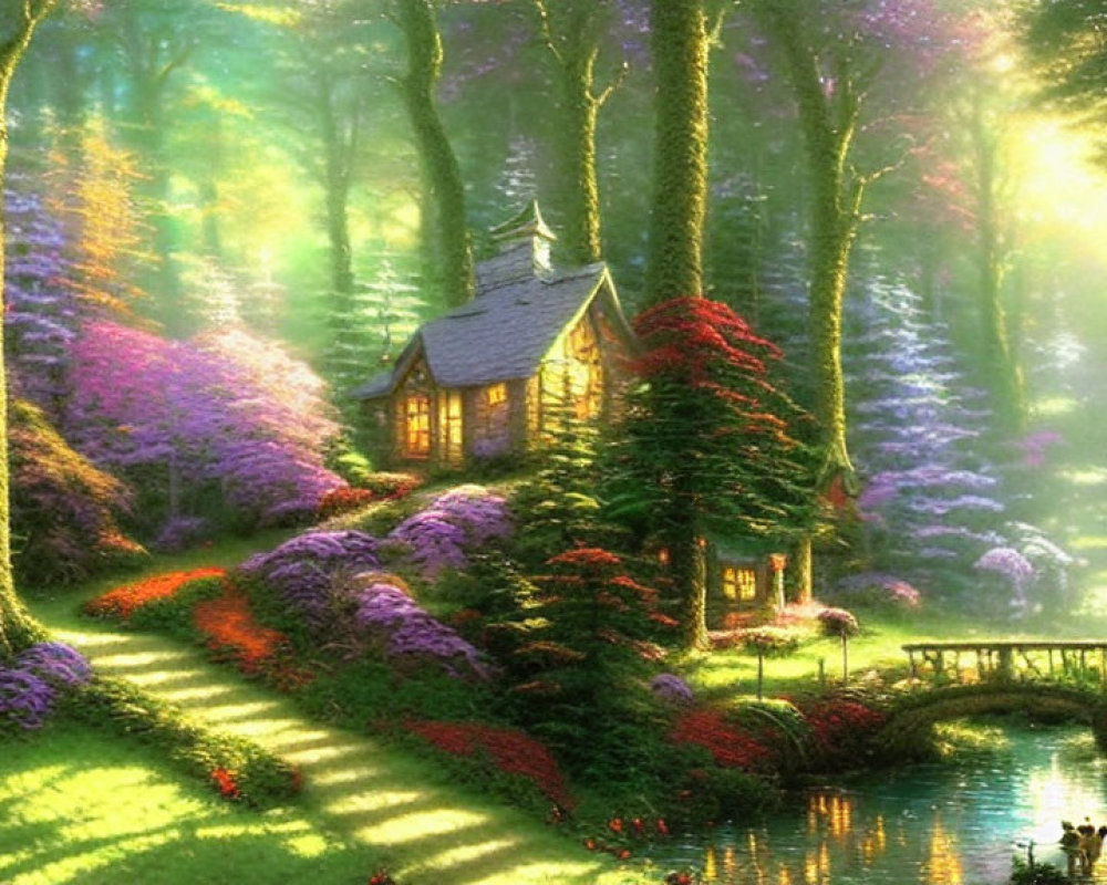 Sunlit forest cottage surrounded by purple flowers and footbridge.