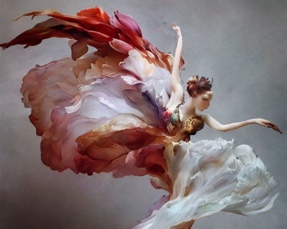 Graceful dancer in vibrant floral dress mid-twirl