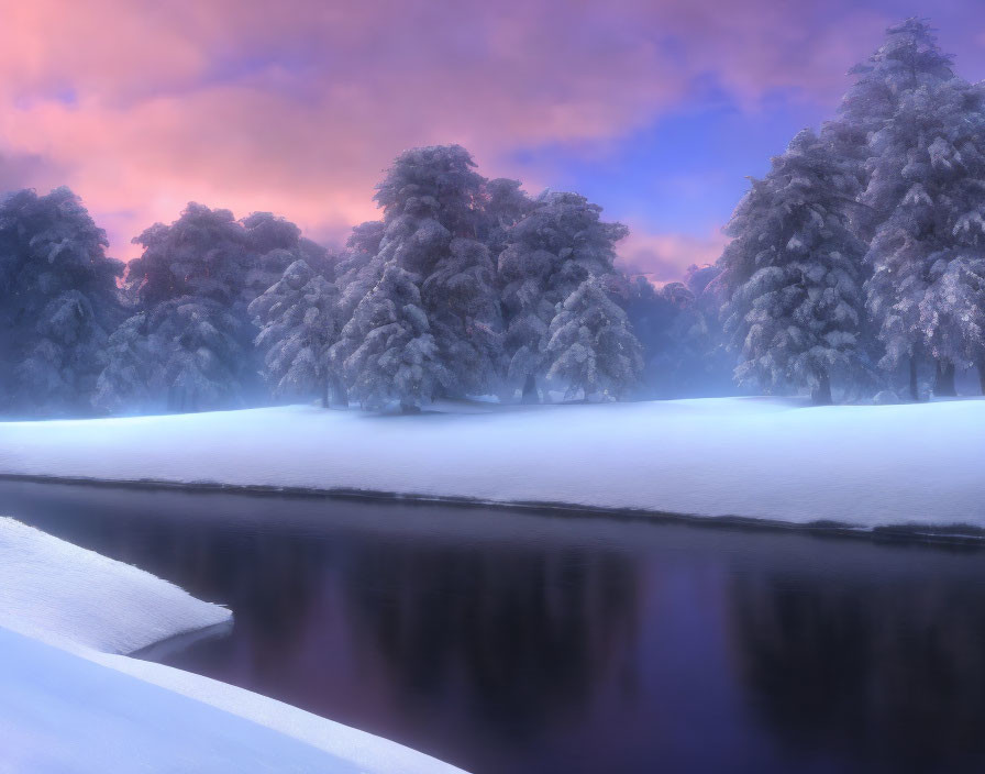 Snow-covered trees by calm river in serene winter scene