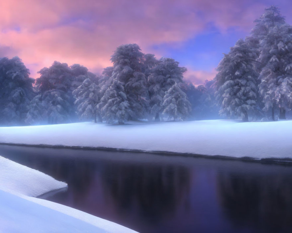 Snow-covered trees by calm river in serene winter scene