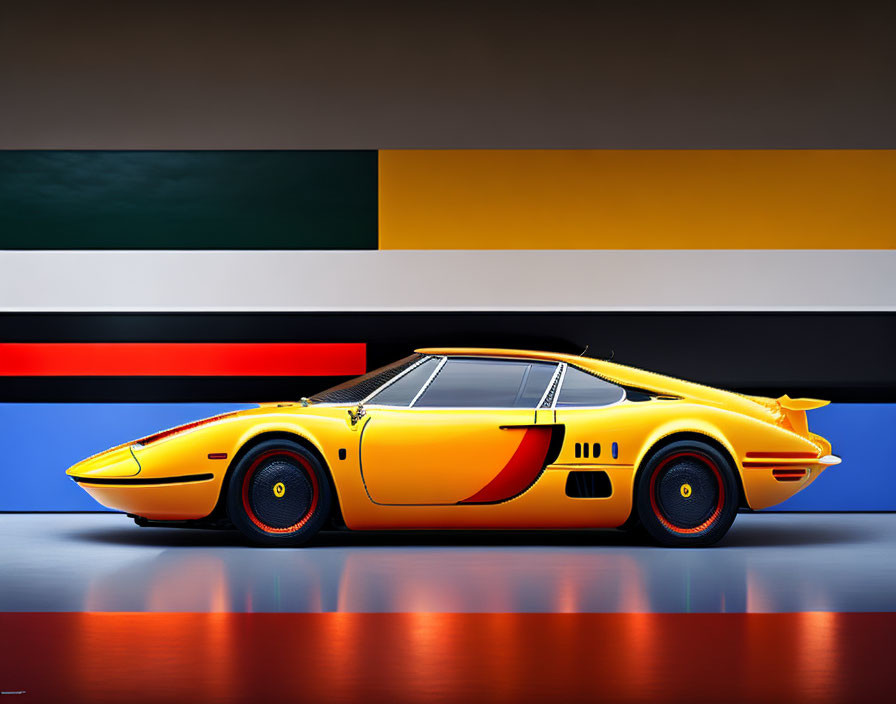 Yellow Classic Sports Car with Black Wheels on Abstract Multicolored Background