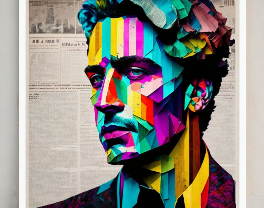 Colorful geometric paper collage portrait against newspaper backdrop.