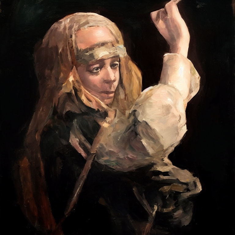 Person in Headscarf and White Blouse Raising Hand in Painting