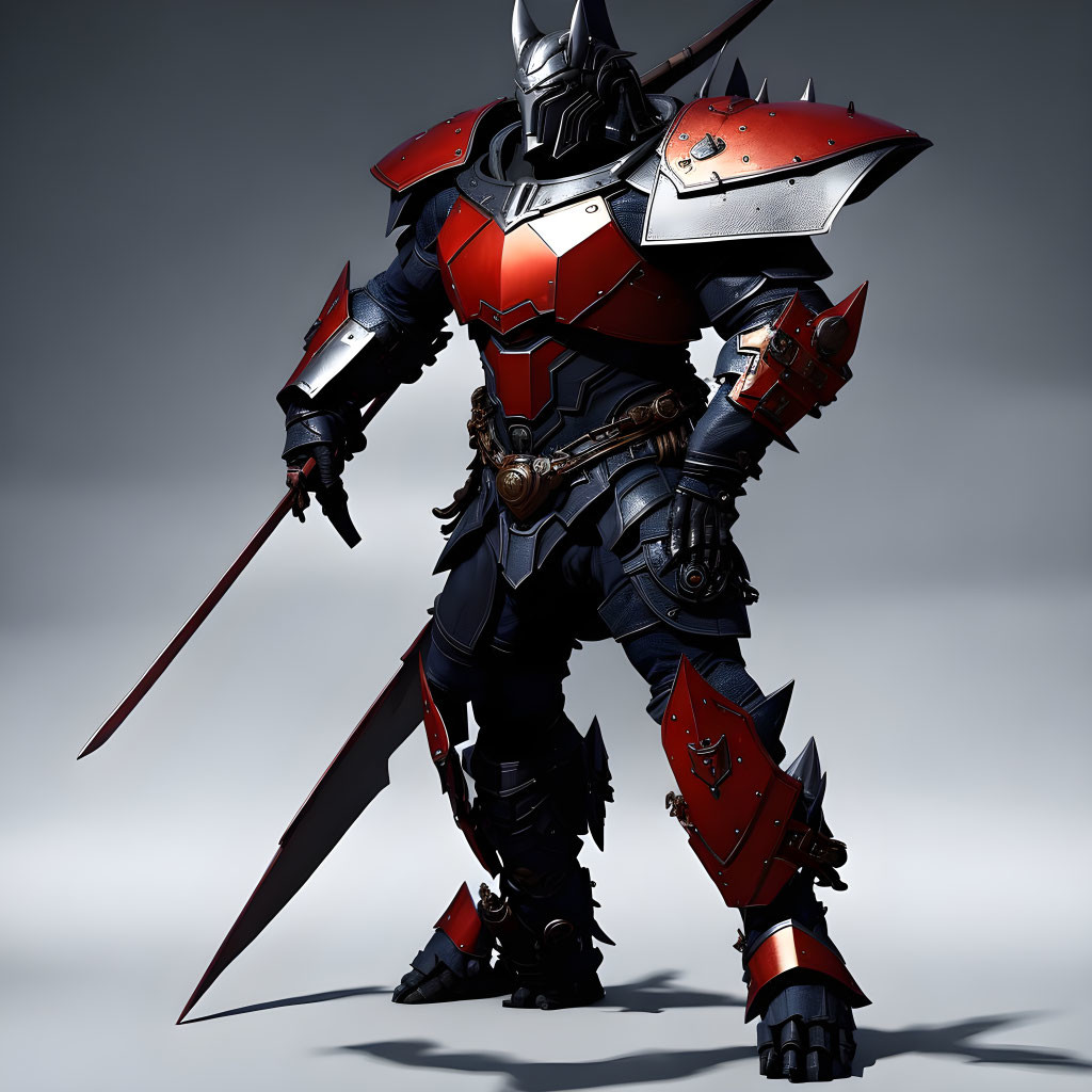 Armored knight with metallic red and grey plates and plumed helmet