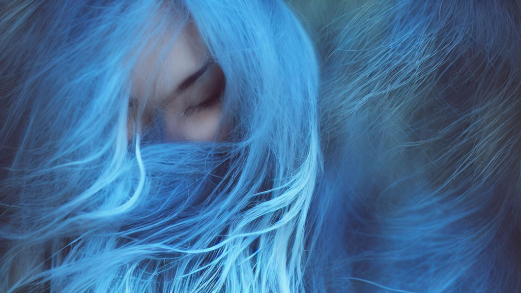 Detailed portrait of person with vibrant blue hair and closed eye.