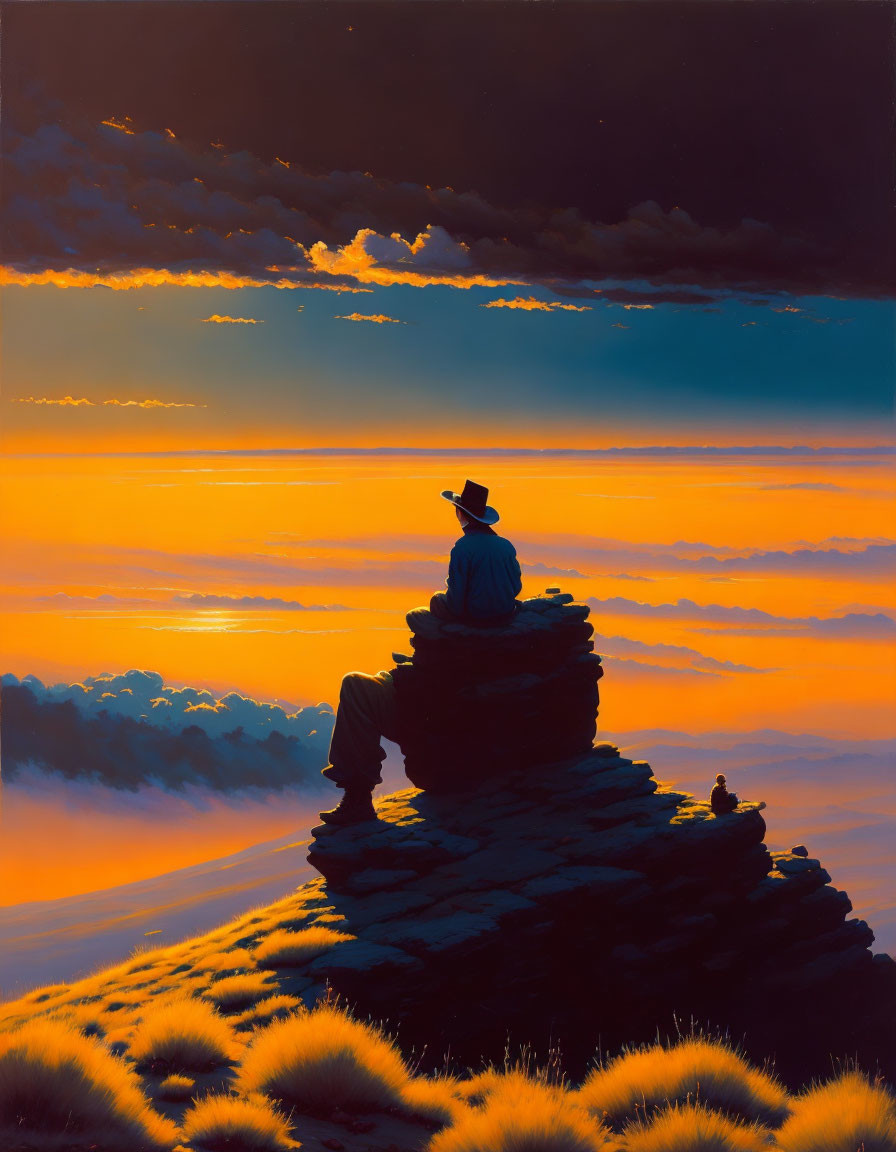 Figure in hat gazes at dramatic sunset sky from rocky outcrop