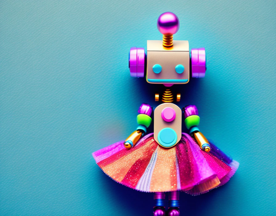 Colorful Toy Robot with Pink Tutu Skirt on Teal Background