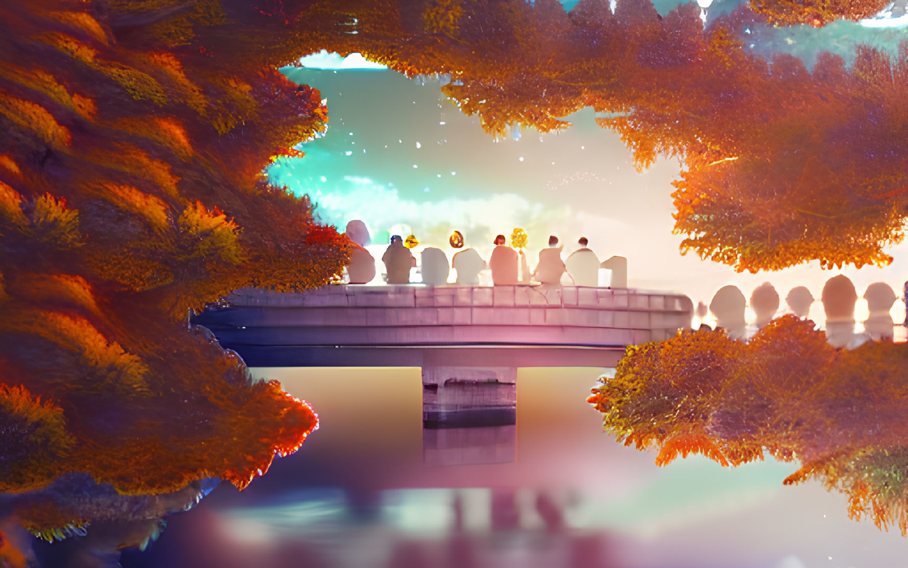 Group of Individuals on Bridge at Sunset Surrounded by Autumn Foliage