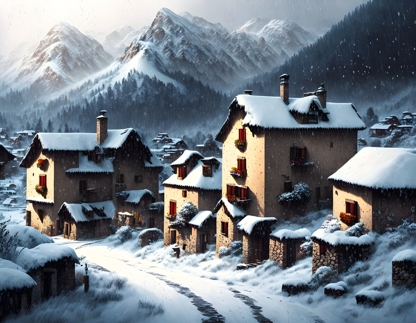 Snow-covered village with stone houses and mountains at twilight