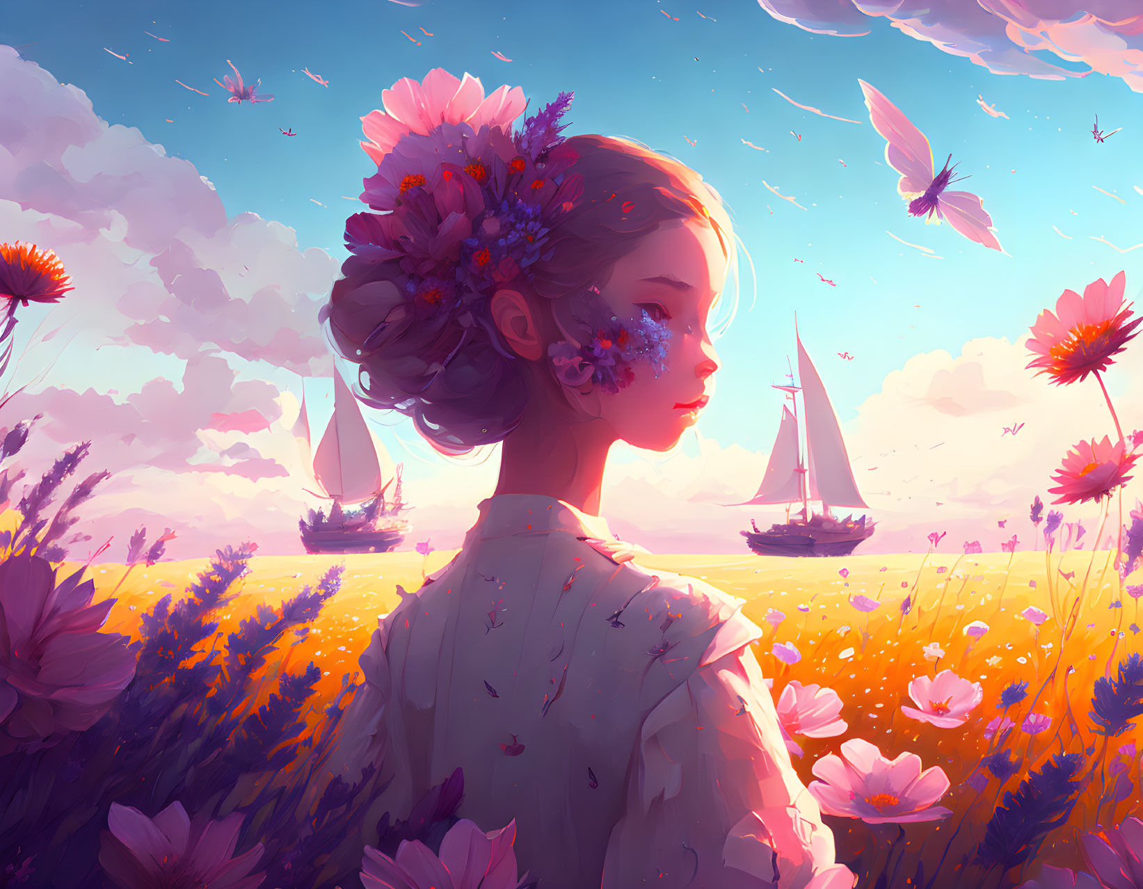 Illustration of girl with floral headdress in meadow with sailboats on horizon