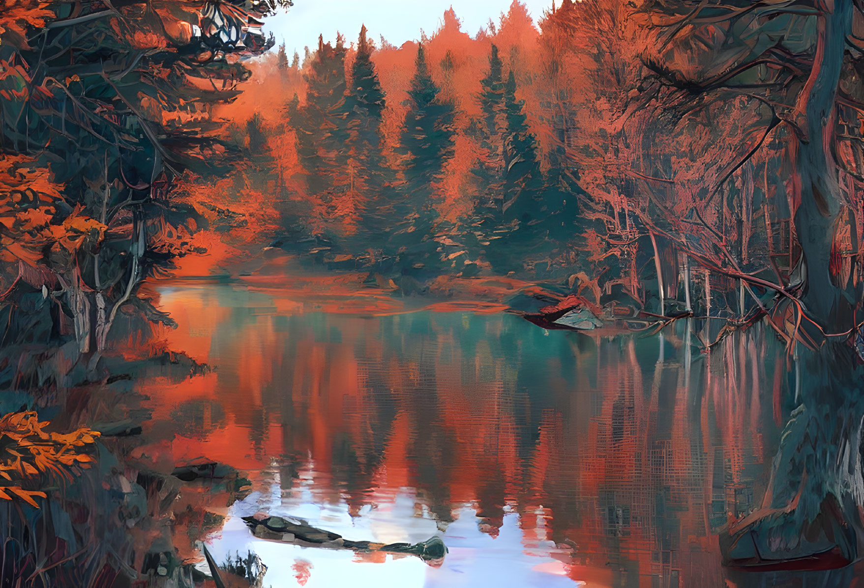 Autumn forest reflected in serene lake at sunset