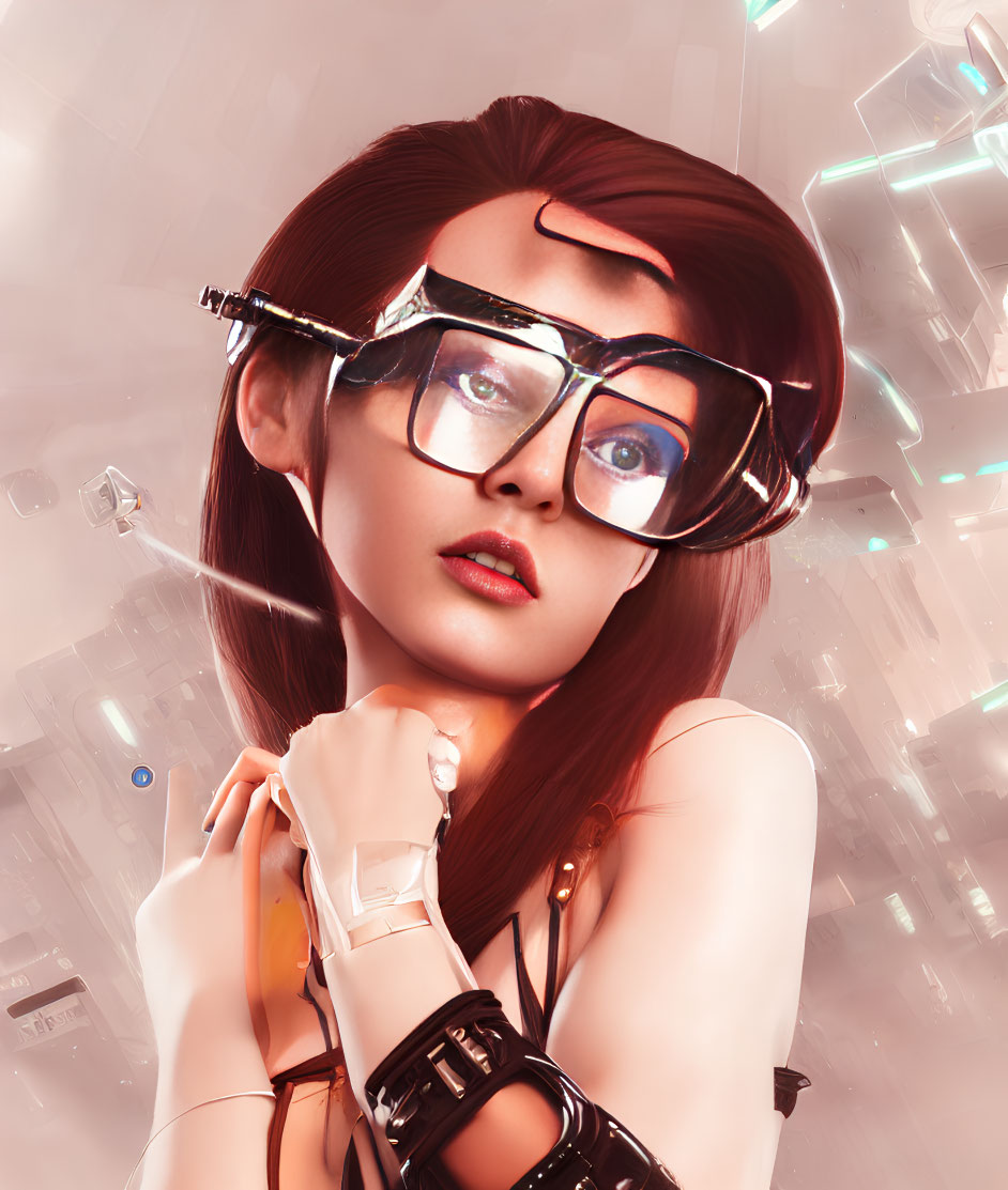 Futuristic 3D rendering of woman with red hair and large glasses