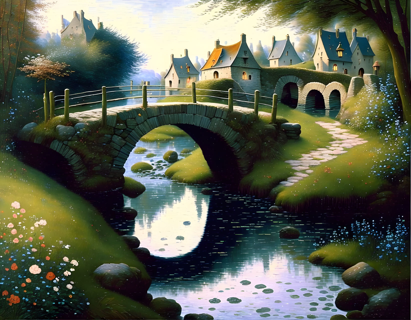 Serene fantasy landscape with stone bridge, river, houses, trees, twilight sky