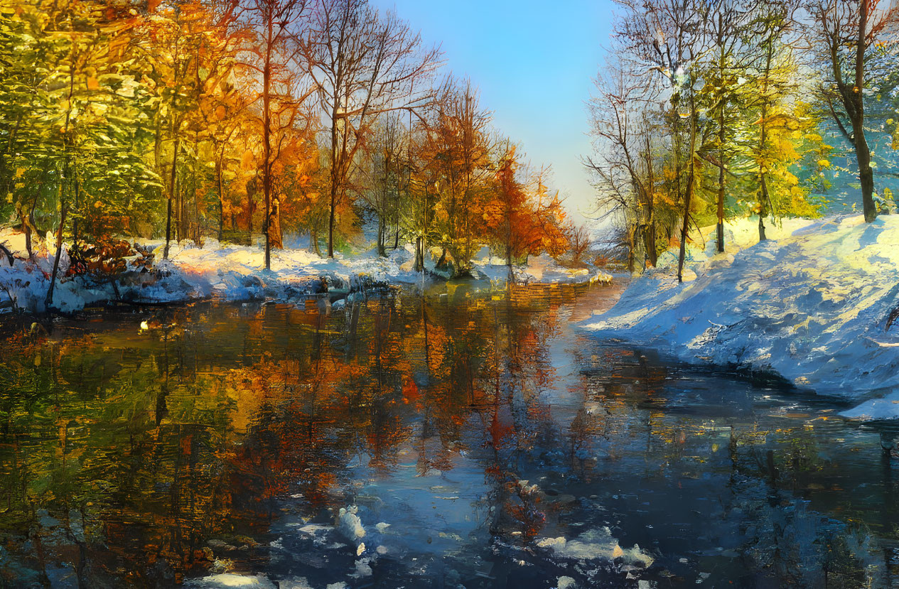 Tranquil winter river reflecting autumn trees in snowy landscape