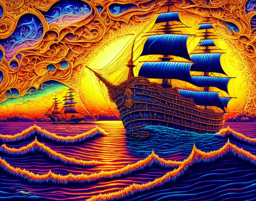 Colorful illustration of sailing ships on ocean waves under ornate sunset sky