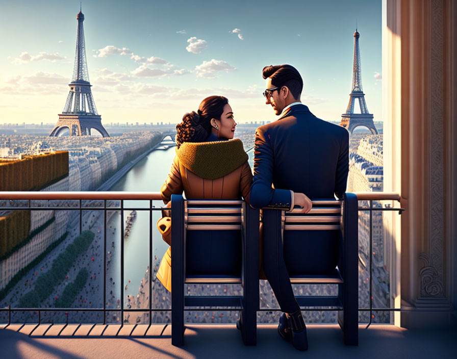 Couple on Balcony with Eiffel Tower and Seine River View