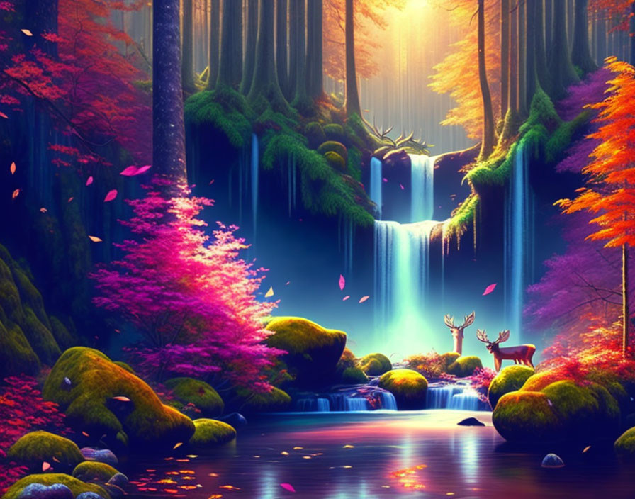 Tranquil waterfall in autumn forest with deer and colorful foliage