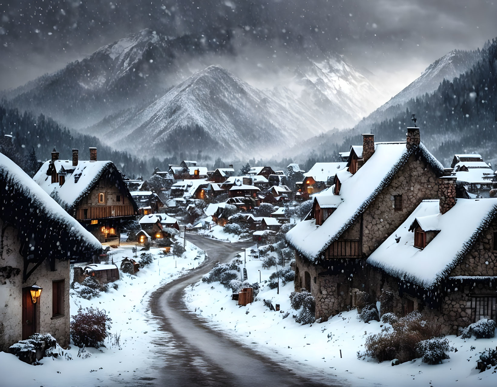 Snow-covered village with rustic houses, winding road, and mountains in serene winter scene