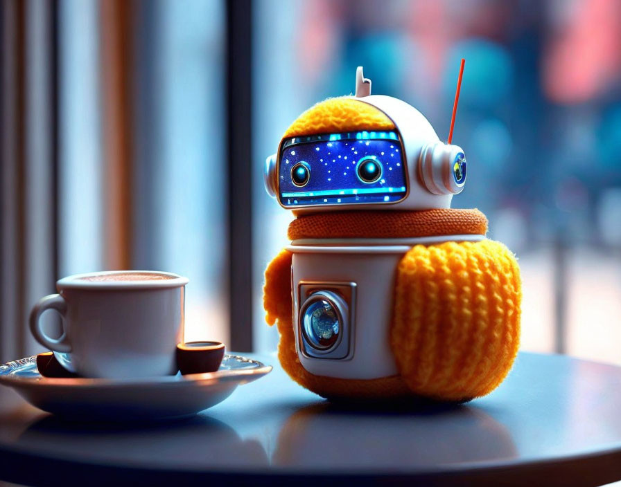 Whimsical robot with knit cozy by window and coffee cup, displaying starry night sky.