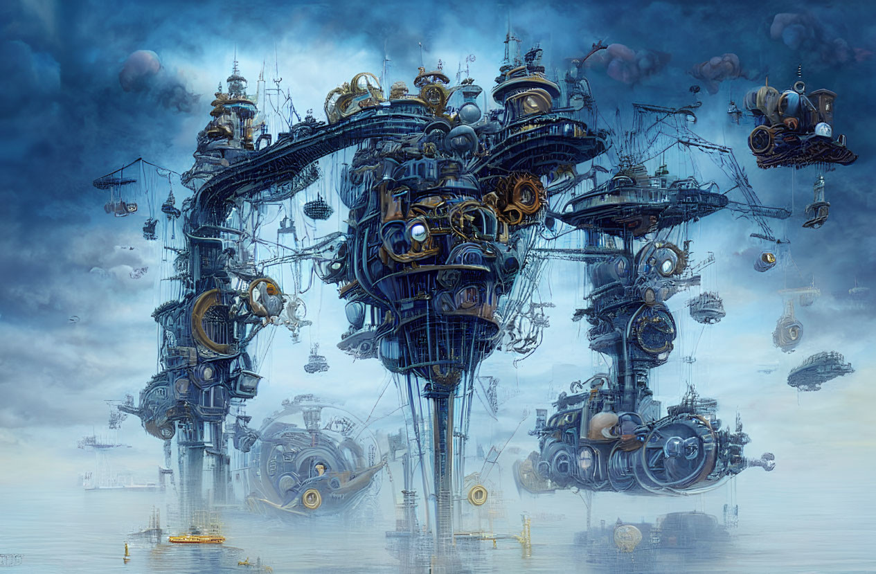 Fantasy artwork: Mechanical flying port with airships in cloudy skies