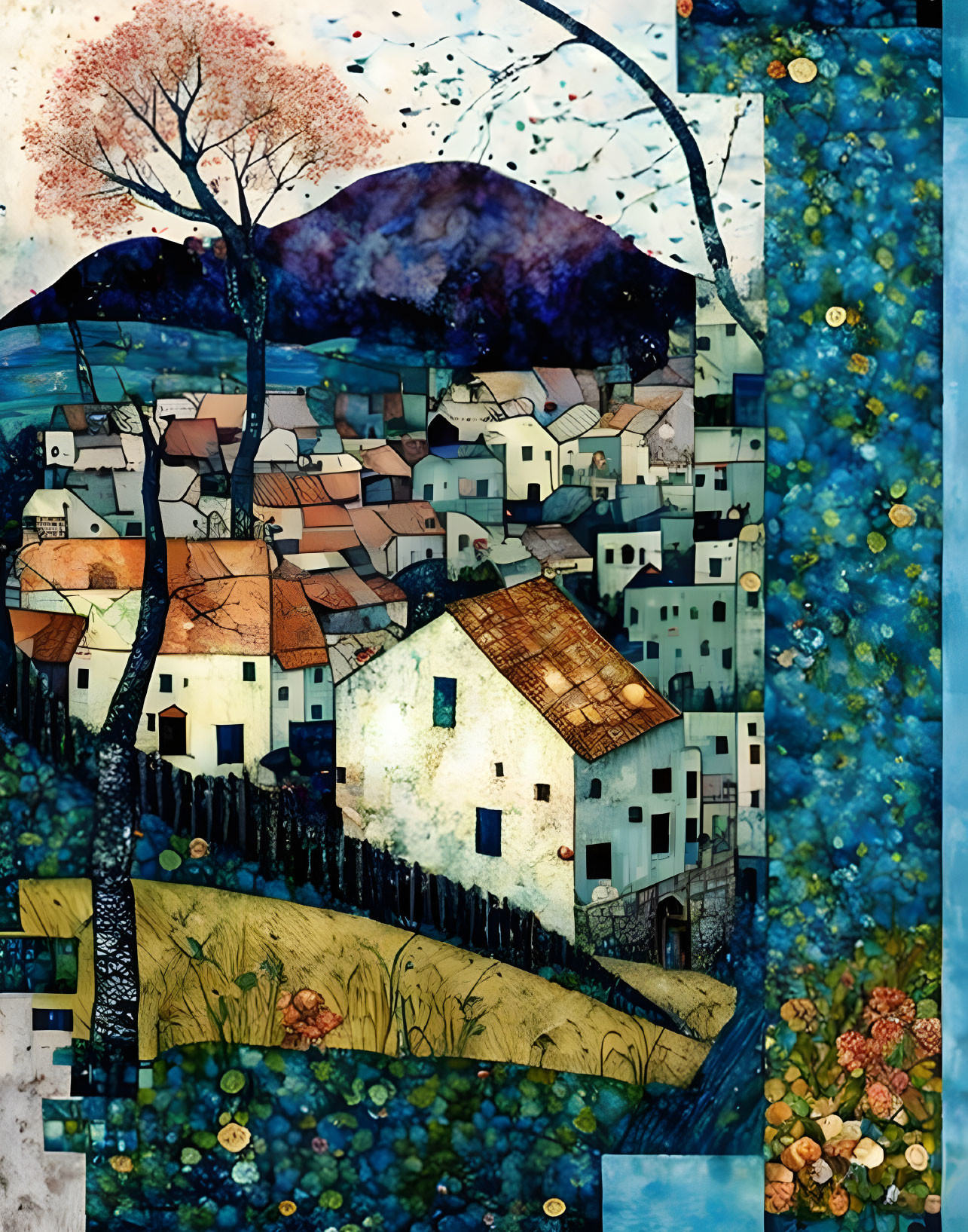 Colorful artwork of hilltop village with night sky and blue textured area