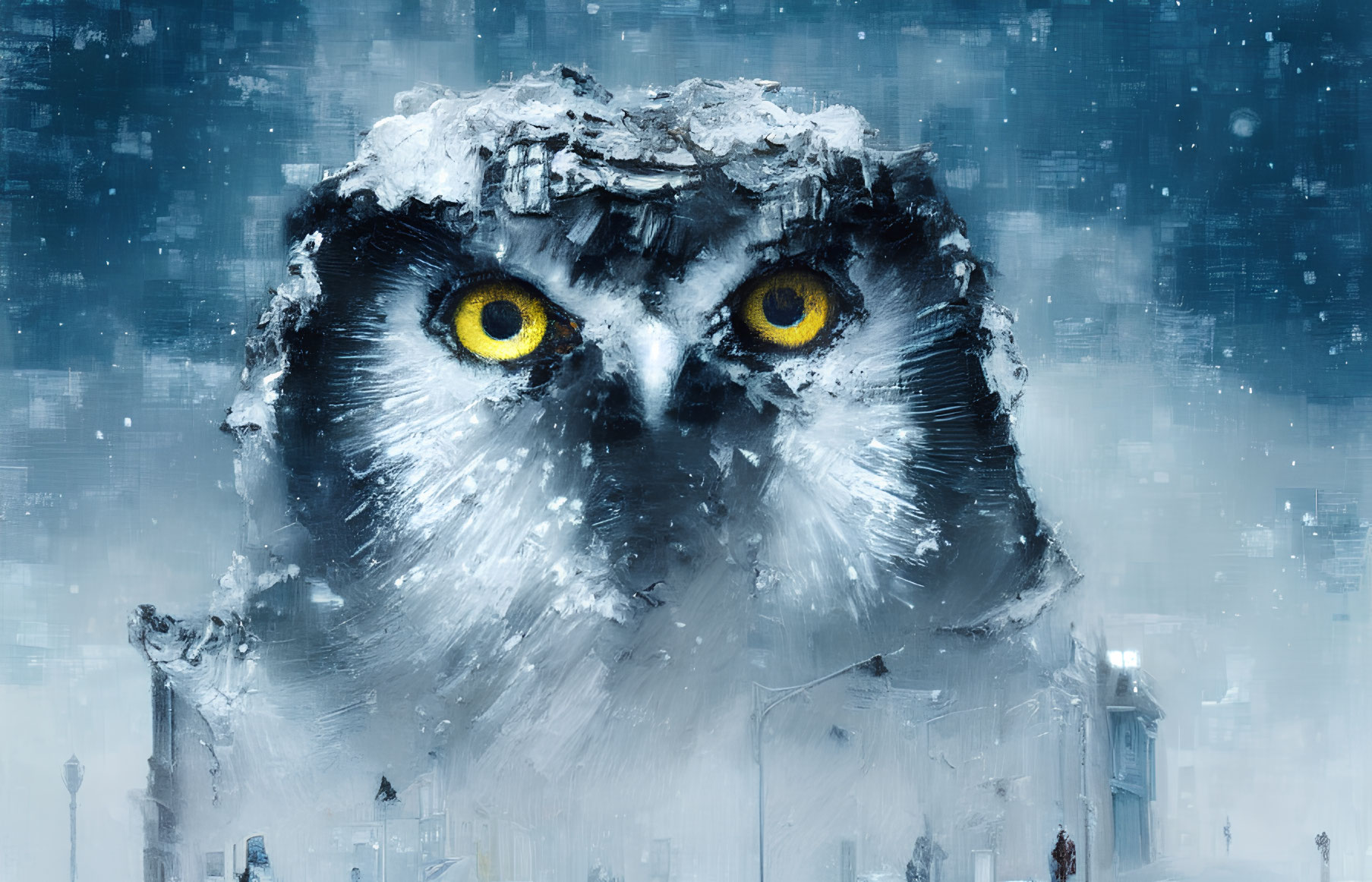 Intense yellow-eyed owl close-up in snowy landscape