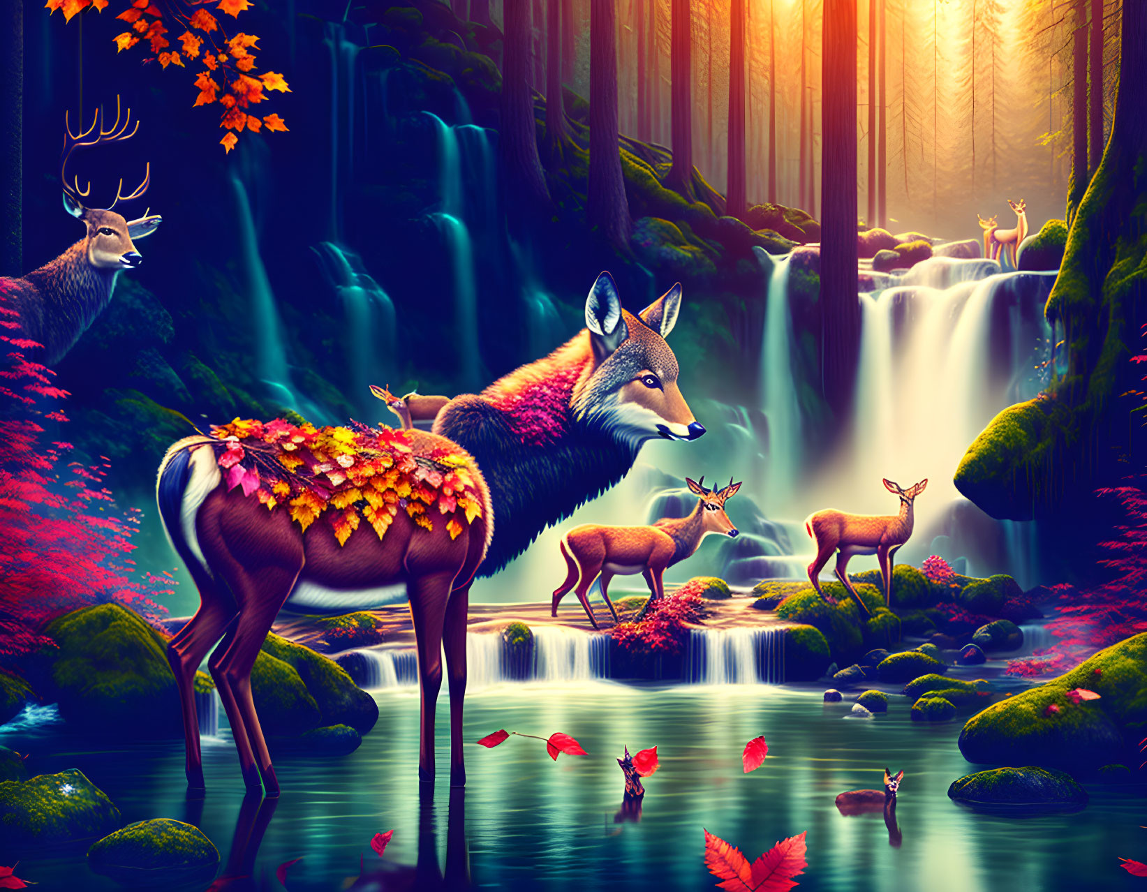 Enchanted forest scene with stag, fox, fawns, and waterfall at twilight