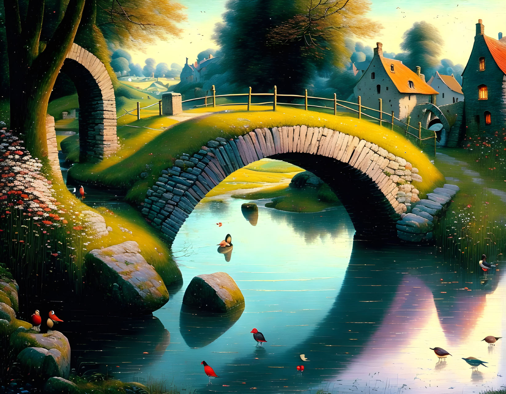 Tranquil river scene with stone arch bridge, ducks, red flowers, birds, and rural cott